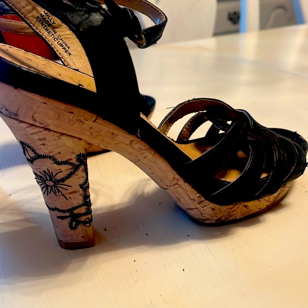 Black strappy cork heels